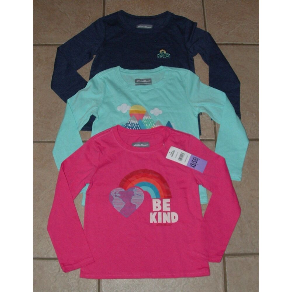 NEW Girls Sz XS (5/6) Multicolored Long Sleeve Tee Shirt 3 Pc Lot EDDIE BAUER